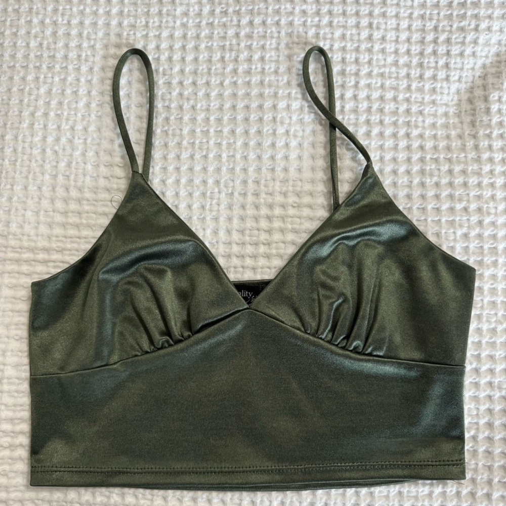 Sleek Olive Green Satin Crop Top